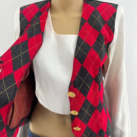 Positive Attitude US 4 American VINTAGE 80s Red Argyle Plaid Dicky Bib Vest Top - Picture 7 of 10